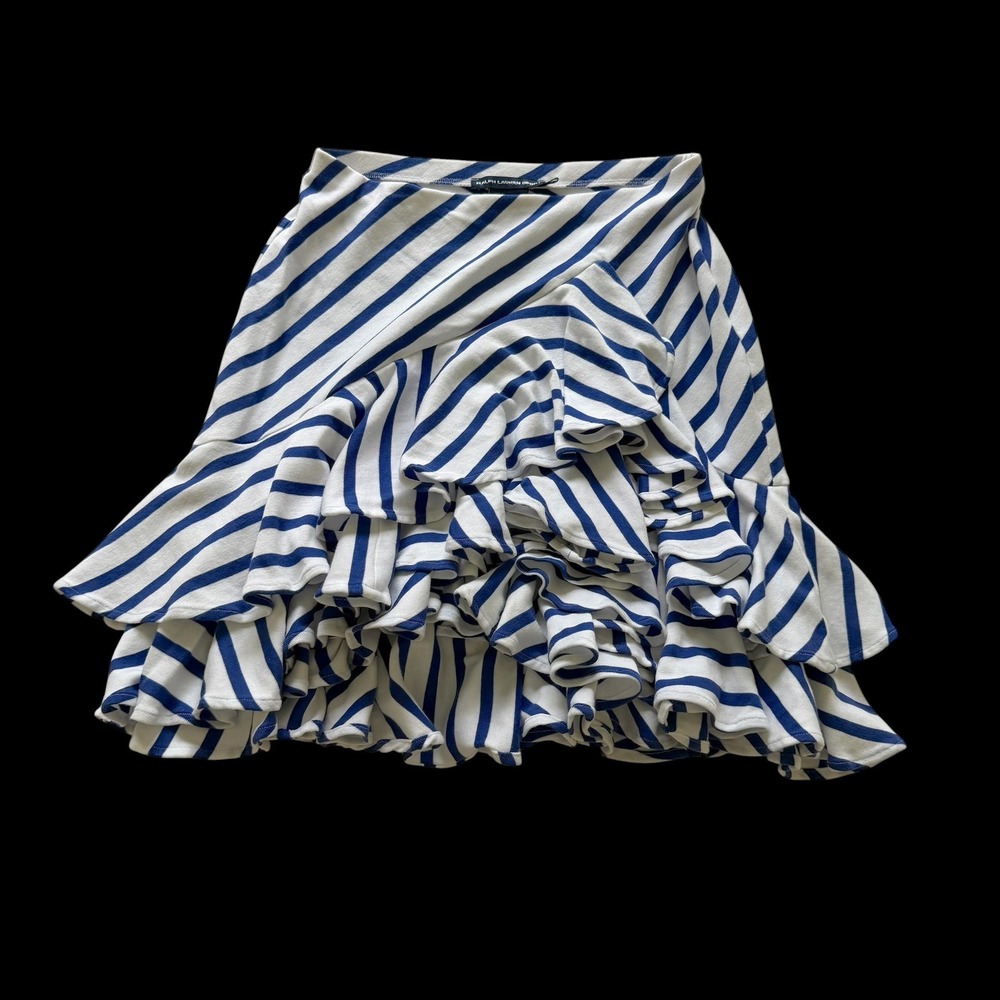 Y2K Ralph Lauren Sport XS Blue White Striped Ruffle Tiered Cotton Mini Skirt